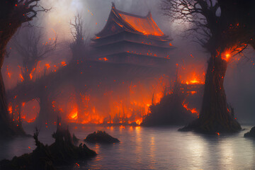 Japoński pałac w mrocznej scenerii, abstrakcja. Generative AI - obrazy, fototapety, plakaty