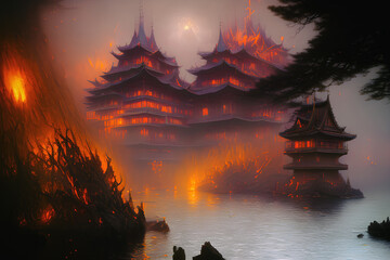 Japoński pałac w mrocznej scenerii. Orientalna świątynia w płomieniach. abstrakcja. Generative AI - obrazy, fototapety, plakaty