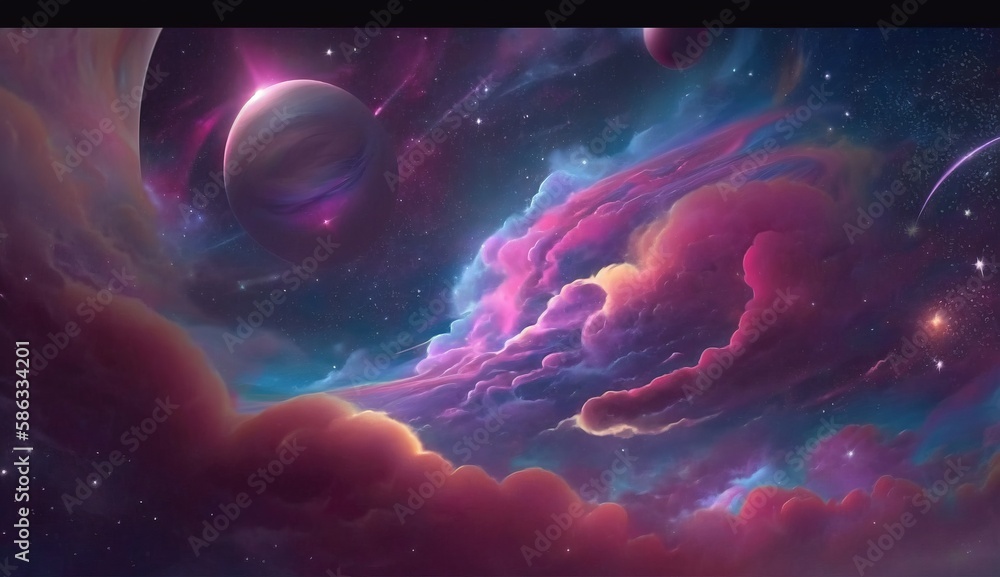 Poster a painting of a space scene with planets and stars in the sky and clouds in the foreground, and a di