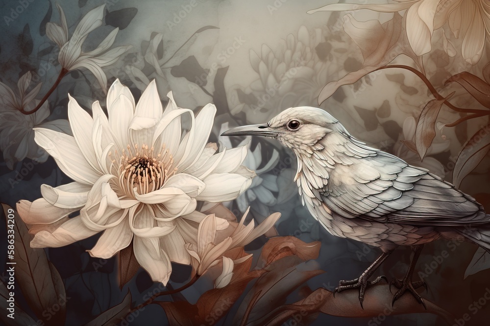 Poster a bird sitting on a branch next to a white and pink flower on a dark background with leaves and bran