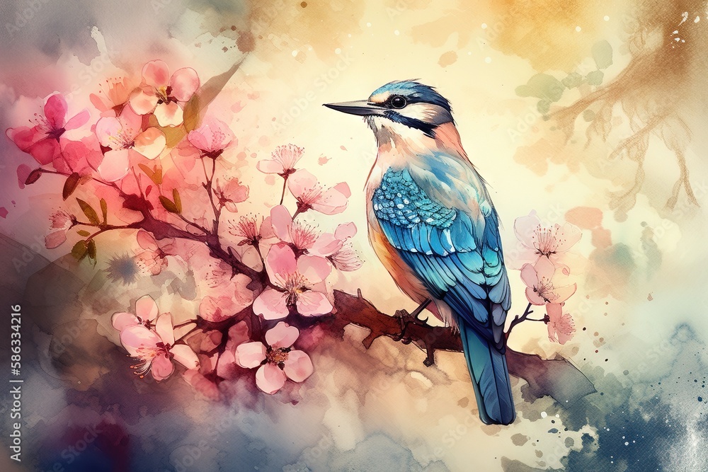 Poster a blue bird sitting on a branch of a tree with pink flowers in the foreground and a yellow sky in th