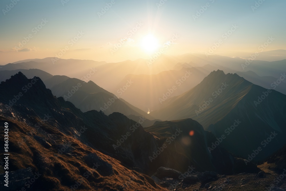 Poster  the sun is setting over the mountains in the mountainside area of a mountain range in the distance is a grassy area with rocks and grass.  generative ai