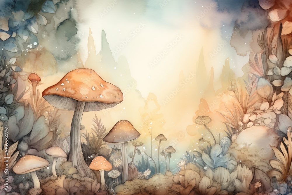 Poster a painting of a forest with mushrooms and plants in the foreground and a sky background with clouds 