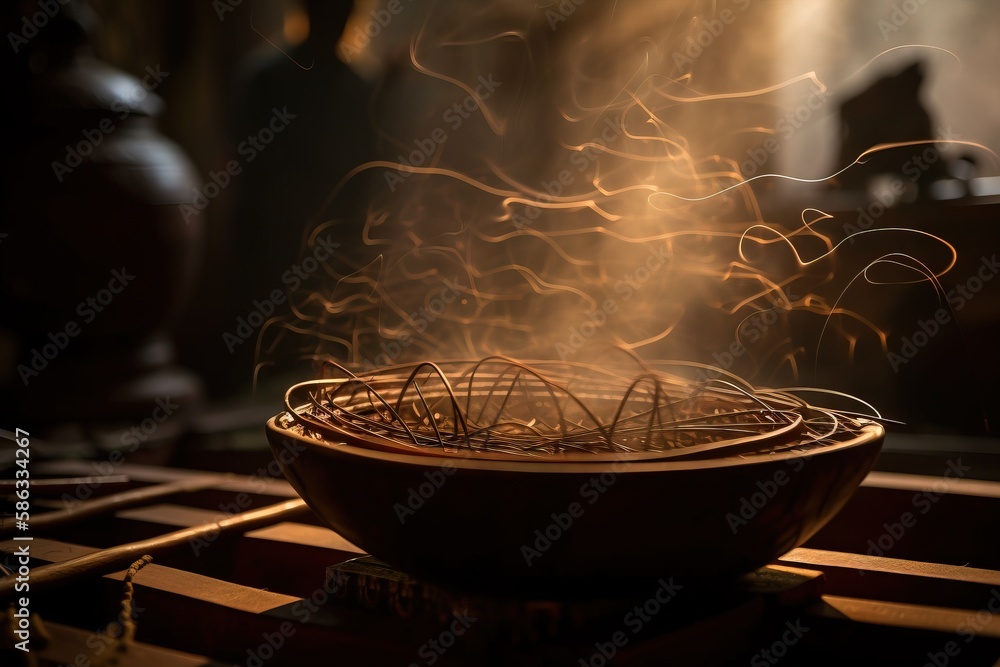 Poster a bowl with some sticks in it on a wooden table with a light coming from it and a fire coming out of