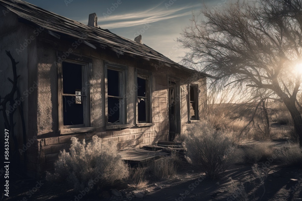 Poster an old run down house with a tree in the foreground and a sun shining through the window on the othe