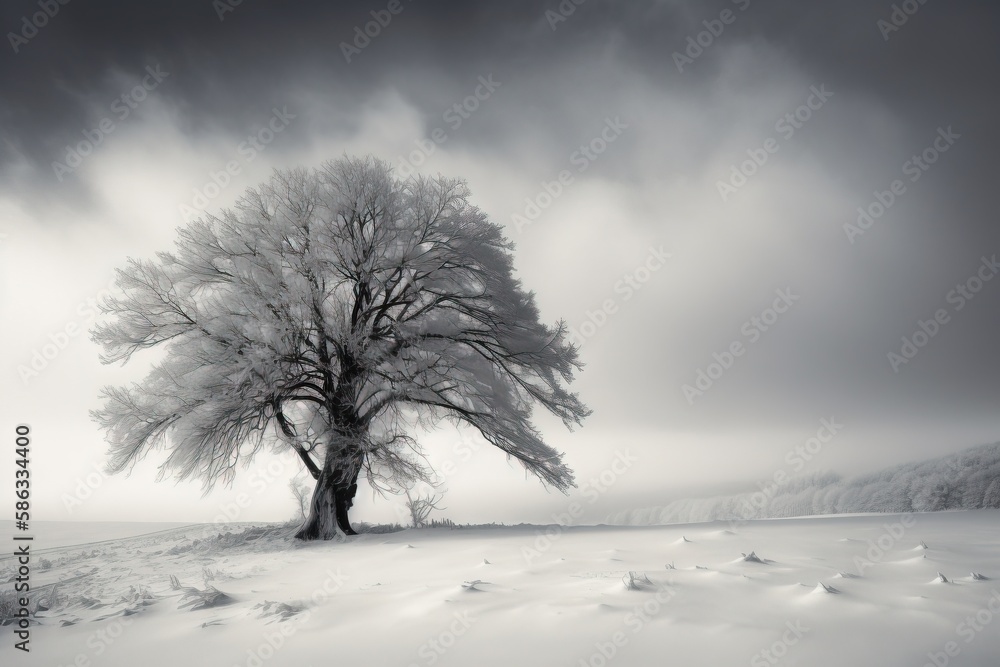 Poster a lone tree in a snowy field under a dark sky with a few clouds in the distance and snow on the grou