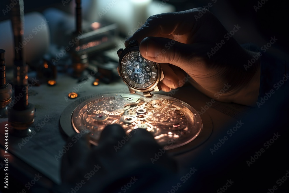 Aufkleber a person is working on a watch in a dark room with other items on the table and on the table are can