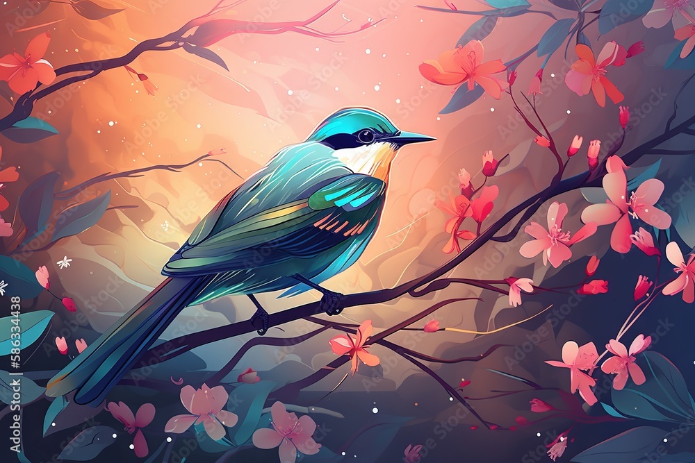 Poster a colorful bird sitting on a branch of a tree with pink flowers in the foreground and a pink sky in 