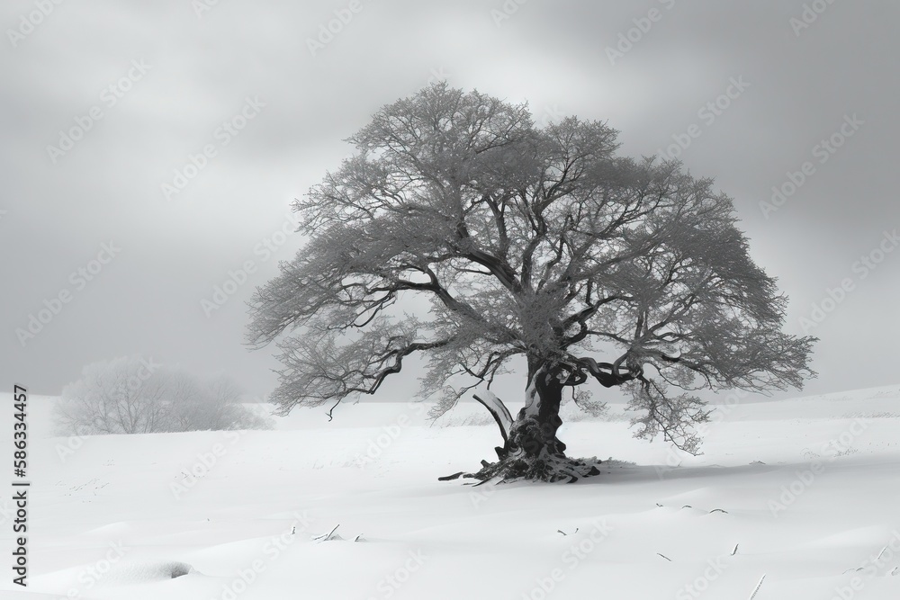 Poster a lone tree in a snowy field with a sky in the background of the picture and a few clouds in the sky