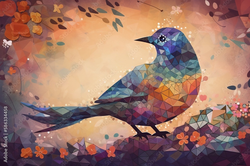Poster a colorful bird sitting on a branch with leaves and flowers around it, on a colorful background with