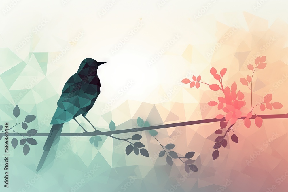 Poster a bird is sitting on a branch with a flower in the foreground and a geometric background in the back
