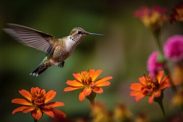 Plakat a hummingbird flying over a bunch of flowers in a field of orange and pink flowers with a blurry background of pink and yellow flowers. generative ai