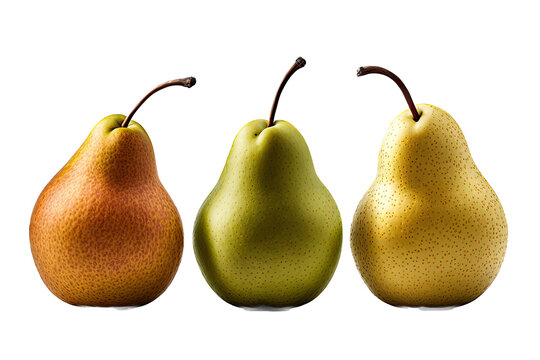 a summer-themed illustration photo featuring three isolated juicy yellow, green, and red pear fruits arranged with leaves set on a transparent background in PNG. Generative AI