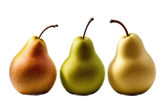 a summer-themed illustration photo featuring three isolated juicy yellow, green, and red pear fruits arranged with leaves set on a transparent background in PNG. Generative AI