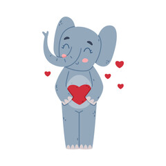 Funny Elephant with Large Ear Flaps and Trunk Holding Red Heart and Smiling Vector Illustration