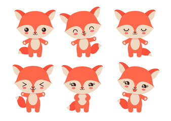 Cartoon fox kawaii style emoji. Fun ny fox character set various emotions. Kawaii animal facial expressions - calm, happy, laughing, smiling, waving, winking. Cute fox baby chibi style vector.