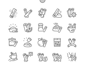 Cinnamon. Aromatic spice. Rolled sticks of cinnamon. Cooking, recipes and price. Menu for cafe. Pixel Perfect Vector Thin Line Icons. Simple Minimal Pictogram