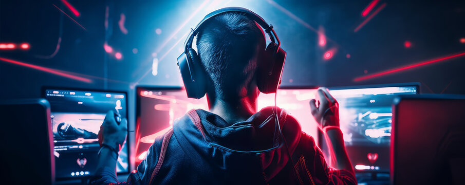 A professional eSports player celebrates their triumph in the red and blue lit game area. - Generative AI