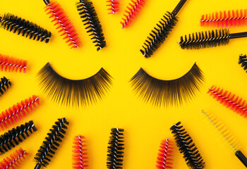 Brushes for eyelash extension on a yellow background. Brush for combing extended and false eyelashes. Brush for straightening eyelashes and eyebrows.