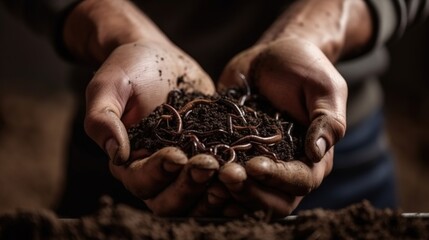 Man's hand holding soil and soil worms Generative AI