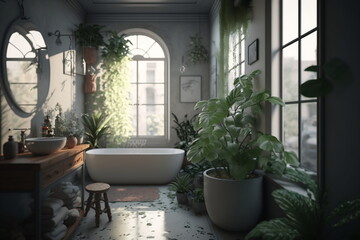 Fototapeta na wymiar Contemporary bathroom with freestanding bathtub interior design urban jungle style. AI generative