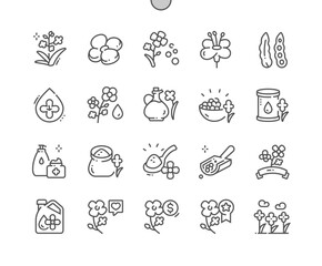 Canola. Agriculture flower field and pot. Canola price. Pixel Perfect Vector Thin Line Icons. Simple Minimal Pictogram
