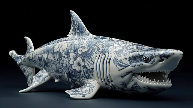 Blue and White Porcelain Shark Generative AI