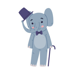 Funny Elephant with Large Ear Flaps and Trunk in Bow Tie with Cane and Top Hat Vector Illustration