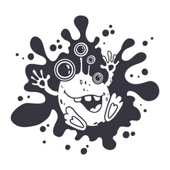 Cartoon monster and splash. Cute monster.Alien.Coloring.Doodle. Vector illustration