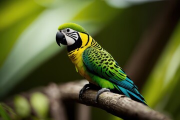 Parakeet parrot in the treetops in a tropical rainforest. Wildlife concept of ecological environment. Generative AI