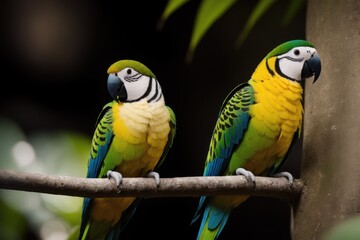 Parakeet parrot in the treetops in a tropical rainforest. Wildlife concept of ecological environment. Generative AI