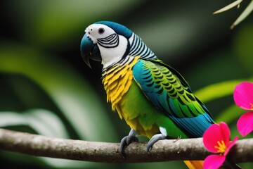Obraz premium Parakeet parrot in the treetops in a tropical rainforest. Wildlife concept of ecological environment. Generative AI