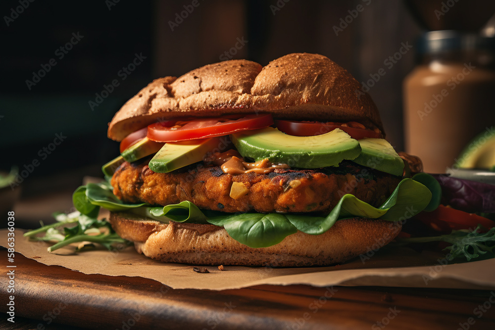 Wall mural Vegan Delight: A Close-up of a Healthy Tempeh Burger Bursting with Fresh Flavors – Lettuce, Tomato, and Avocado – a Culinary Work of Art.

