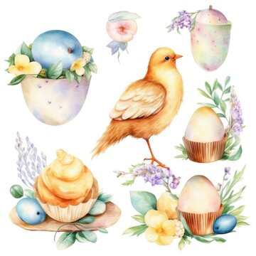 Set of watercolor isolated easter chickens, eggs and muffins and Easter cakes clipart.Created with generative AI