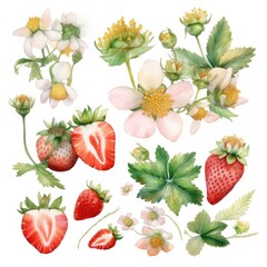 Set of watercolor isolated strawberries with leaves clipart.Created with generative AI