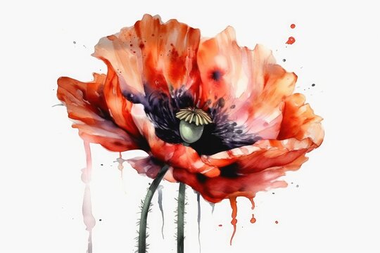 Set of watercolor red poppies.Created with generative AI