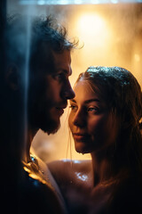 Couple enjoying a romantic steam room session, surrounded by steam and soft lighting, relax and unwind, Couple's Spa Day in the Steam Room, sexy, erotic, seductive, pleasure, love ai generative
