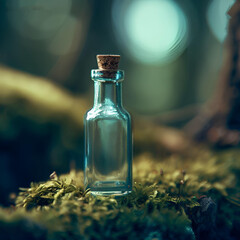 product shot of small vintage glass bottle standing on a fallen moss covered tree in the forest