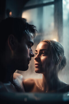 Couple enjoying a romantic steam room session, surrounded by steam and soft lighting, relax and unwind, Couple's Spa Day in the Steam Room, sexy, erotic, seductive, pleasure, love ai generative