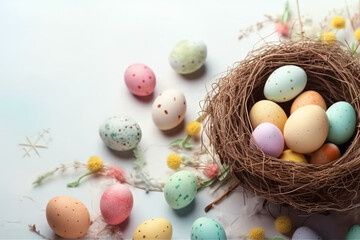 Happy Easter Day background and backdrop, cute bunny rabbit, ornament, and colorful egg, copy space greeting and backdrop, banner, rustic vintage design material. Celebrate Easter.