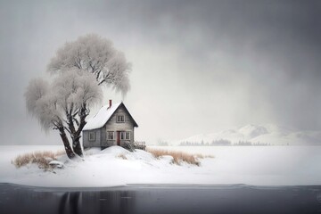 Mountain cottage in winter. Generative AI