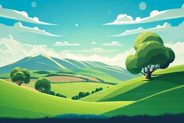 Obraz na płótnie Canvas Spring landscape with rolling green hills and light blue sky. Generative AI