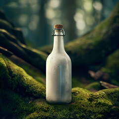 product shot of small white vintage glass bottle standing on a fallen moss covered tree in the forest - 586337024