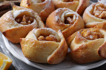 Buns with apples and cinnamon in the form of roses, sprinkled with powdered sugar on white plate, Closeup
