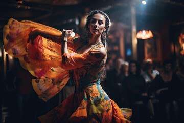 A passionate flamenco dancer is seen twirling and moving gracefully in a colorful Spanish street, embodying the essence of Andalusian culture | Flamenco in the Streets of Andalusia AI GENERATIVE - obrazy, fototapety, plakaty