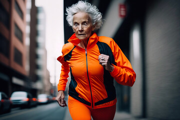 Older mature adult woman in sports clothing jogs through the city. Generative AI