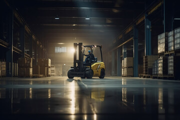 Industrial Warehousing. Skilled forklift operator moving goods in a large high-ceiling warehouse. Logistics and distribution concept. AI Generative - obrazy, fototapety, plakaty