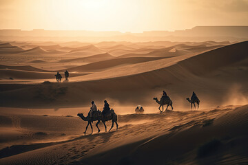 Fototapeta na wymiar The Beauty of the Sahara Berberes: Bedouin Nomads Riding Camels Through the Saharan Dunes AI Generative