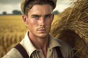Frontal portrait of a man farmer. Generative AI - obrazy, fototapety, plakaty