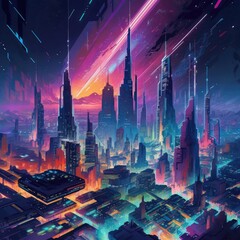Fototapeta premium Cosmic Metropolis: A Towering Cityscape with Silver Skyscrapers